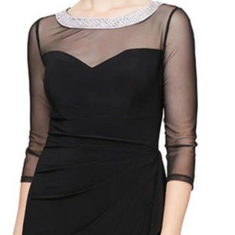 Alex Evenings Black Mesh-Sleeve Sheath Dress with Rhinestone Neckline - Picture 2 of 10